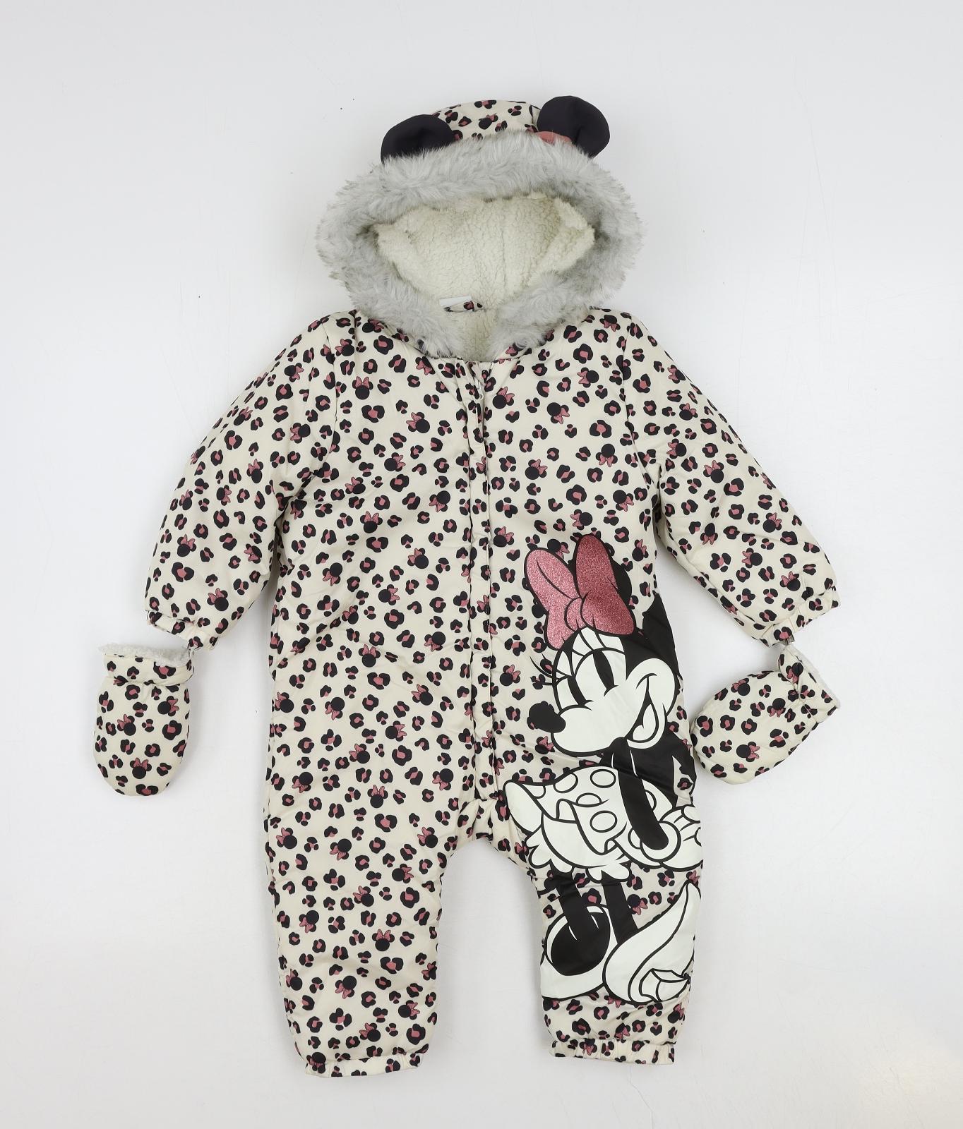 Disney Baby Girls Ivory Animal Print Puffer Jacket Snowsuit Size 12-18 Months Zip - Minnie Mouse Leopard Print