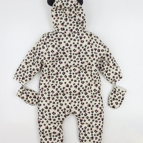 Disney Baby Girls Ivory Animal Print Puffer Jacket Snowsuit Size 12-18 Months Zip - Minnie Mouse Leopard Print