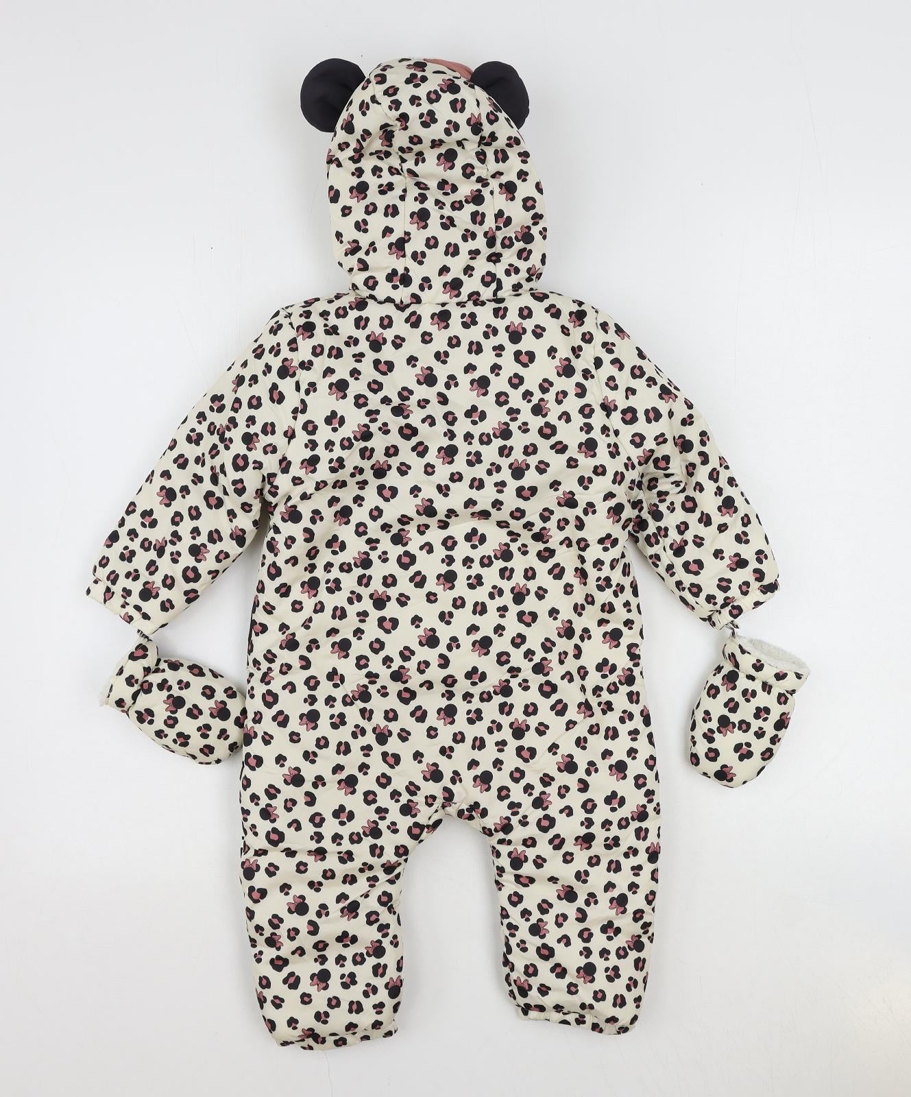 Disney Baby Girls Ivory Animal Print Puffer Jacket Snowsuit Size 12-18 Months Zip - Minnie Mouse Leopard Print