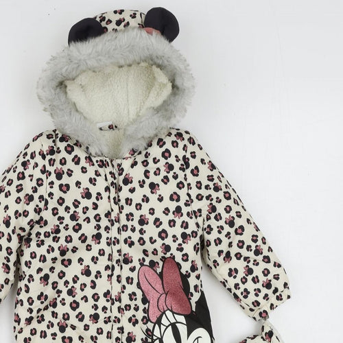 Disney Baby Girls Ivory Animal Print Puffer Jacket Snowsuit Size 12-18 Months Zip - Minnie Mouse Leopard Print