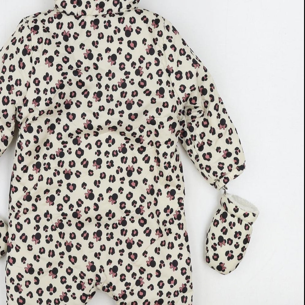 Disney Baby Girls Ivory Animal Print Puffer Jacket Snowsuit Size 12-18 Months Zip - Minnie Mouse Leopard Print