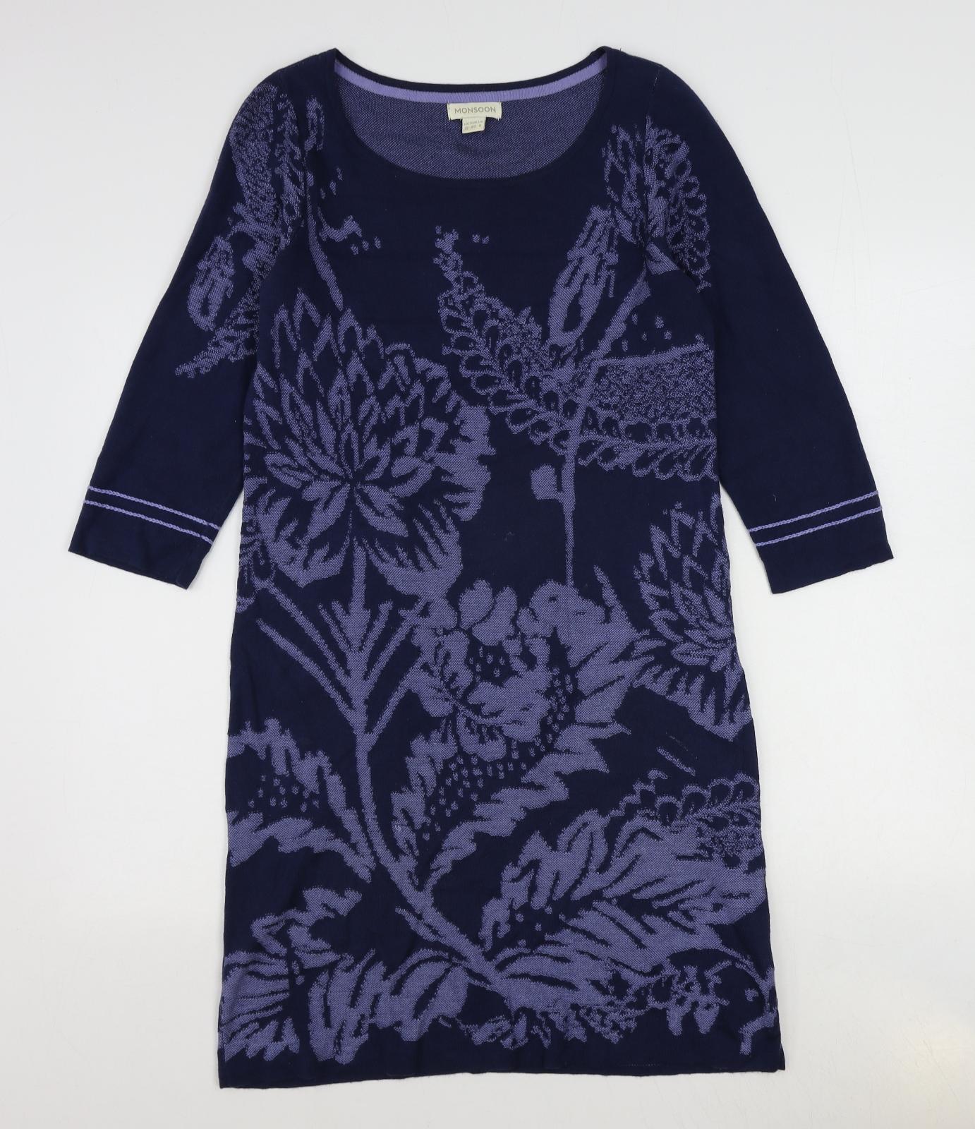 Monsoon Womens Blue Floral Cotton Jumper Dress Size 12 Round Neck Pullover