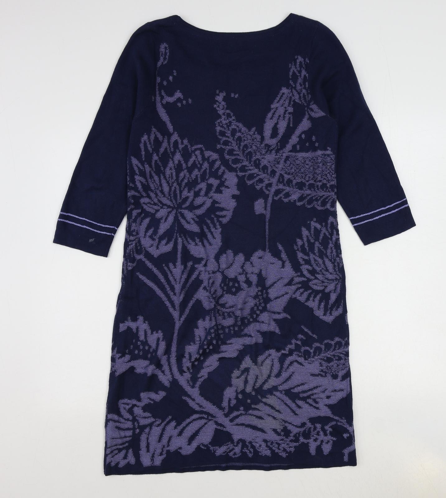 Monsoon Womens Blue Floral Cotton Jumper Dress Size 12 Round Neck Pullover