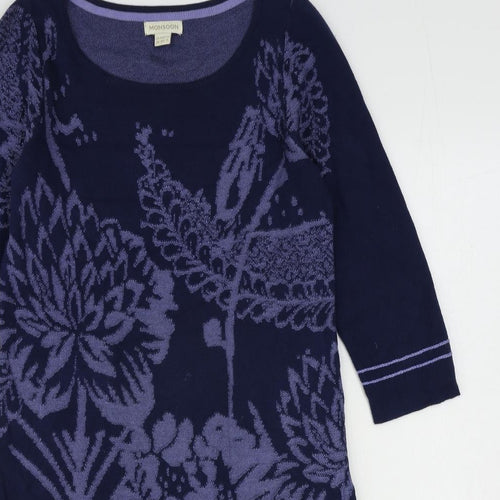 Monsoon Womens Blue Floral Cotton Jumper Dress Size 12 Round Neck Pullover