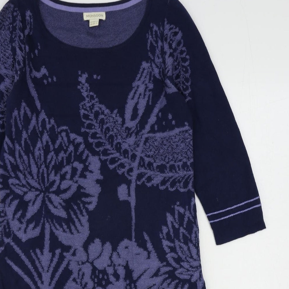Monsoon Womens Blue Floral Cotton Jumper Dress Size 12 Round Neck Pullover