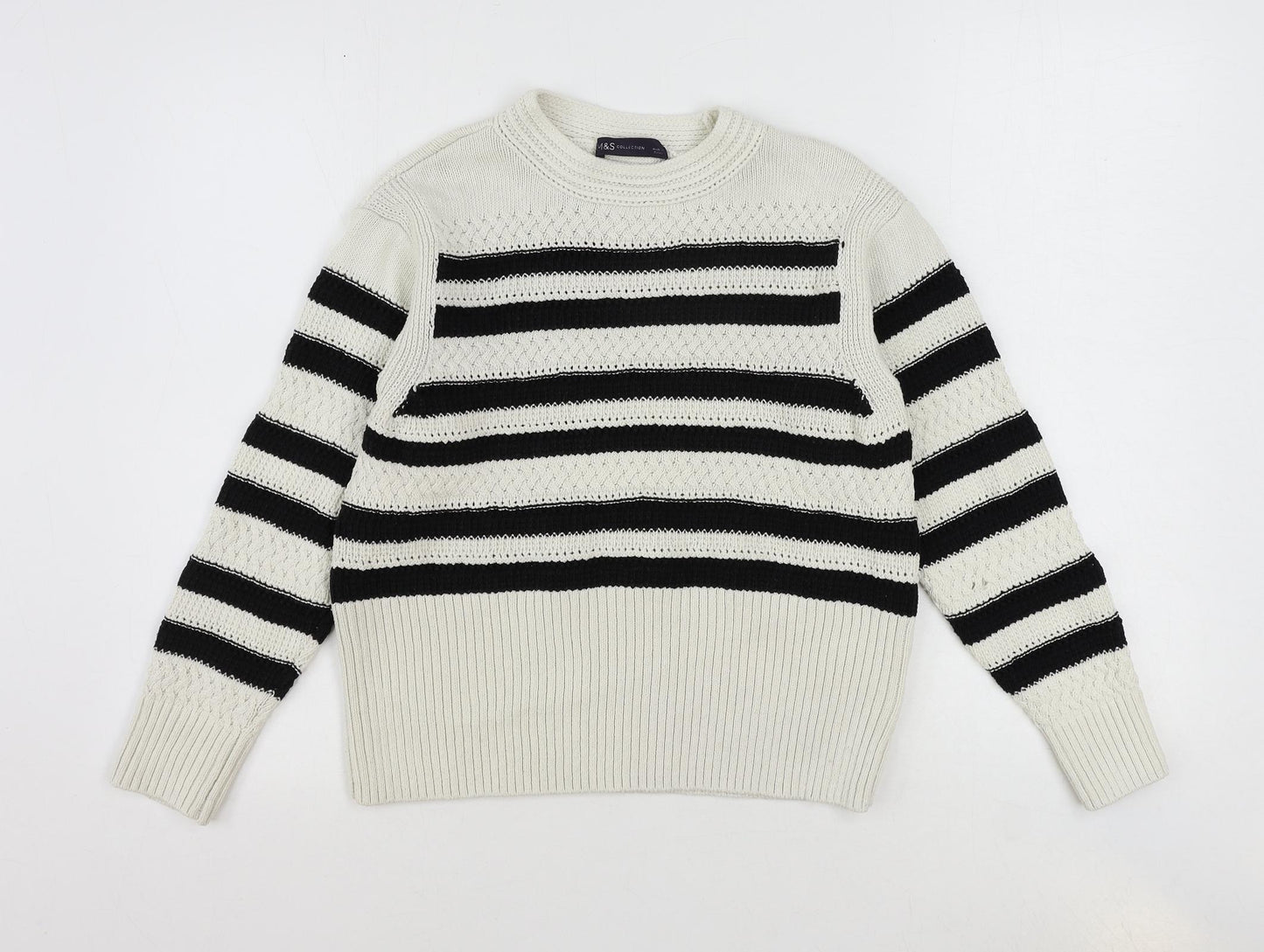 Marks and Spencer Womens Ivory Round Neck Striped Cotton Pullover Jumper Size S