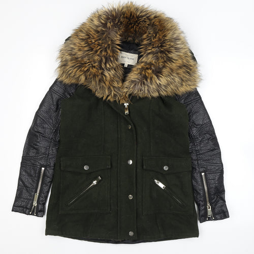 River Island Womens Green Overcoat Coat Size 6 Zip - Faux Fur