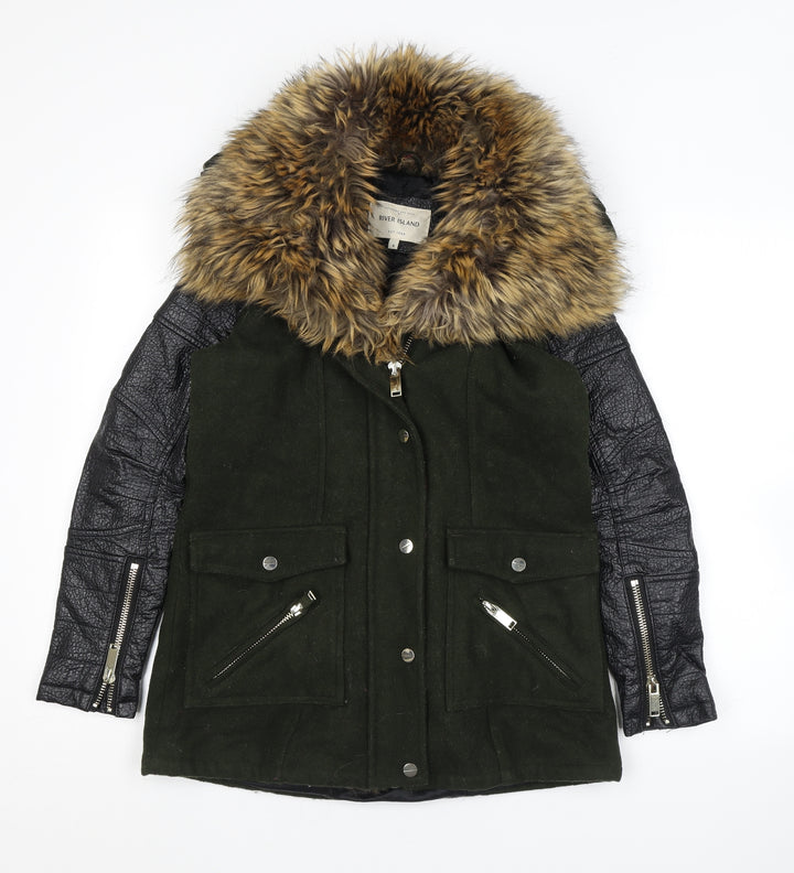River Island Womens Green Overcoat Coat Size 6 Zip - Faux Fur