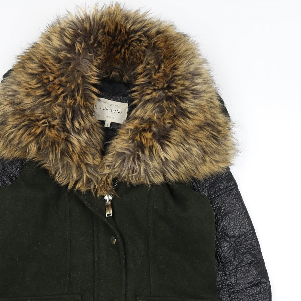 River Island Womens Green Overcoat Coat Size 6 Zip - Faux Fur