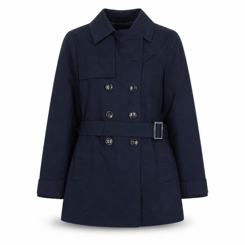 Front view of John Lewis women’s blue pea coat coat, size UK 10, buckle - belted