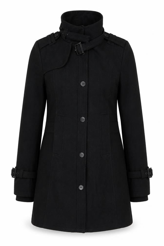 Front view of Crafted women’s black overcoat coat, size S, snap