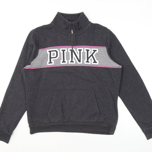 PINK Womens Grey Cotton Pullover Sweatshirt Size L Zip - Logo