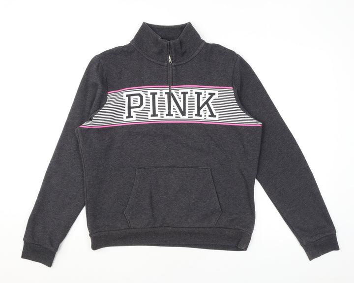 PINK Womens Grey Cotton Pullover Sweatshirt Size L Zip - Logo