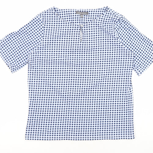 Laura Ashley Womens Blue Check Polyester Basic T-Shirt Size 10 Boat Neck