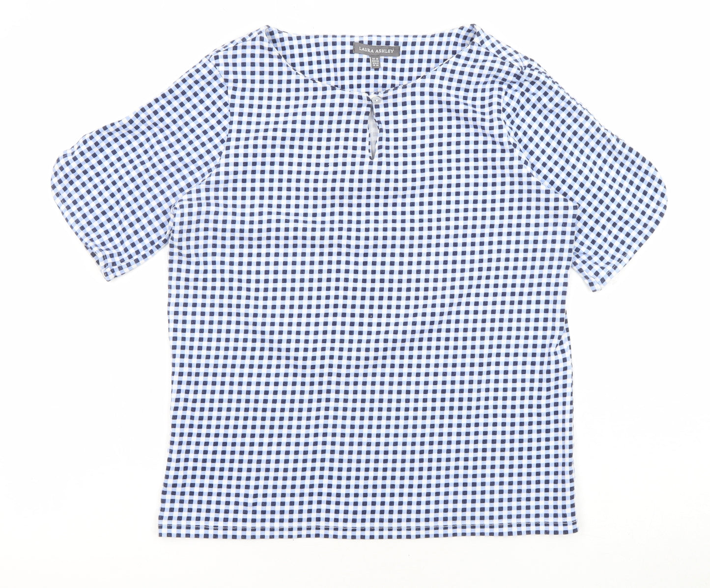 Laura Ashley Womens Blue Check Polyester Basic T-Shirt Size 10 Boat Neck