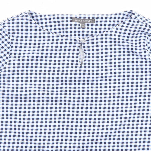 Laura Ashley Womens Blue Check Polyester Basic T-Shirt Size 10 Boat Neck