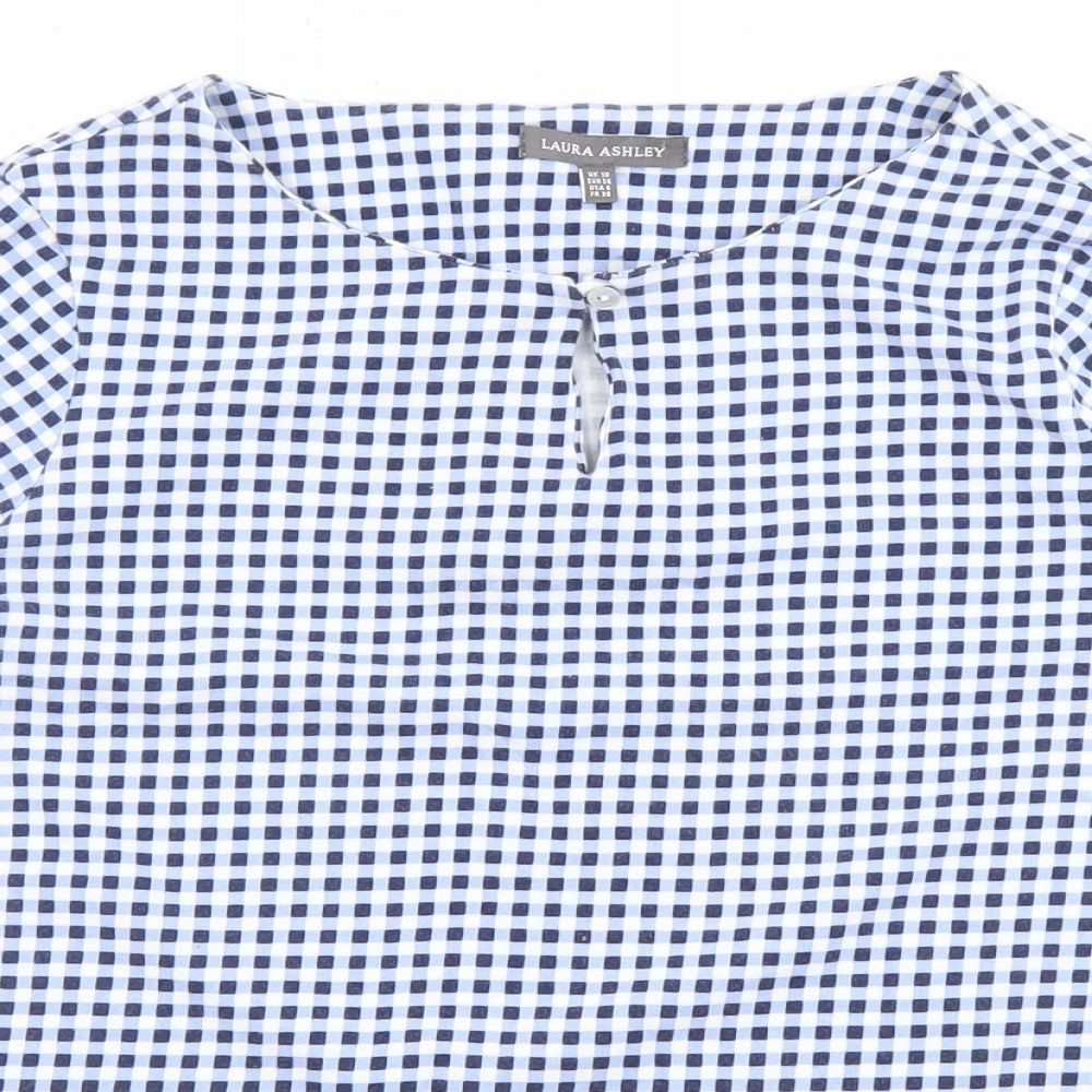 Laura Ashley Womens Blue Check Polyester Basic T-Shirt Size 10 Boat Neck