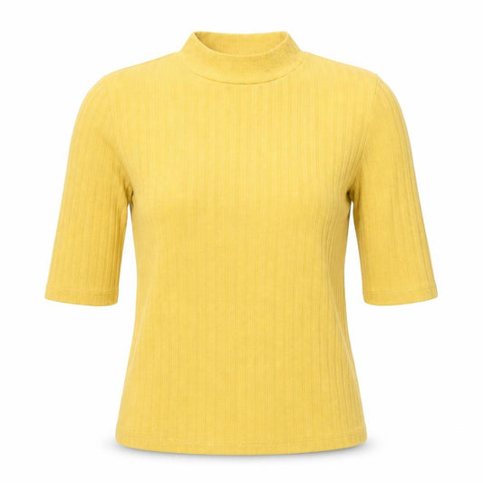 Front view of Joy Trent women’s yellow polyester basic t-shirt, size UK 8, halter