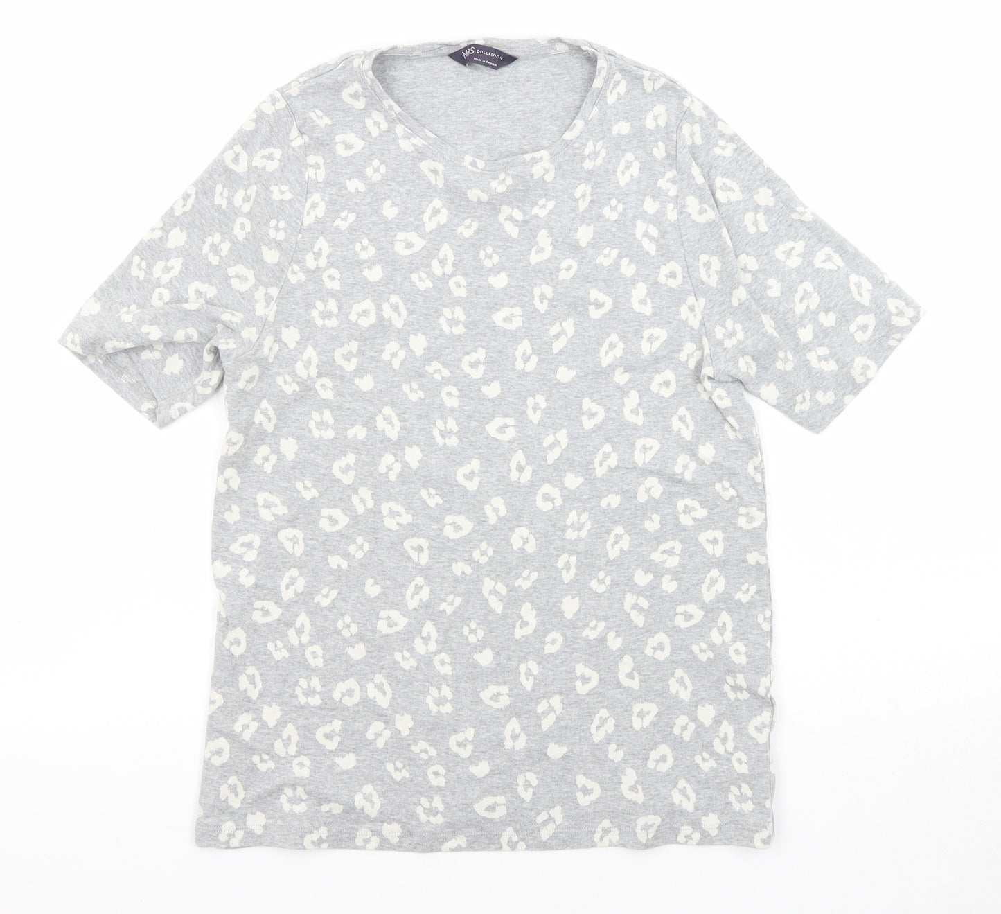 Marks and Spencer Womens Grey Animal Print Cotton Basic T-Shirt Size 16 Round Neck
