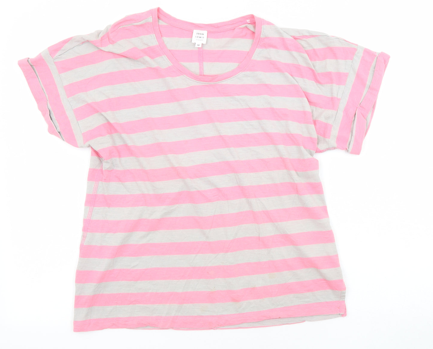 John Lewis Womens Pink Striped Cotton Basic T-Shirt Size 12 Scoop Neck