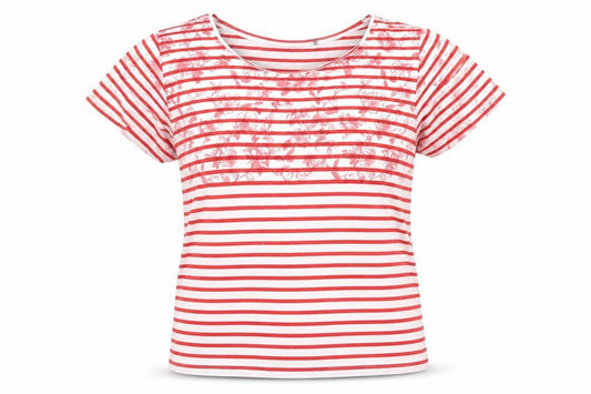 Front view of EWM women’s red striped cotton basic t-shirt, size UK 10, boat neck - floral, size UK 10-12