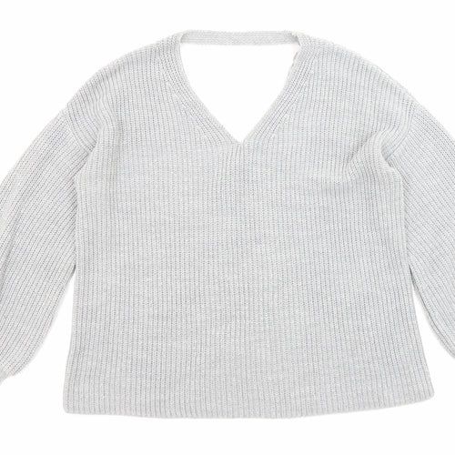 Miss Selfridge Womens Grey V-Neck Acrylic Pullover Jumper Size 8