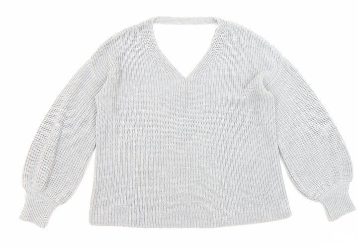 Miss Selfridge Womens Grey V-Neck Acrylic Pullover Jumper Size 8