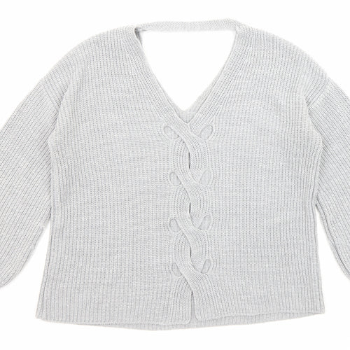 Miss Selfridge Womens Grey V-Neck Acrylic Pullover Jumper Size 8