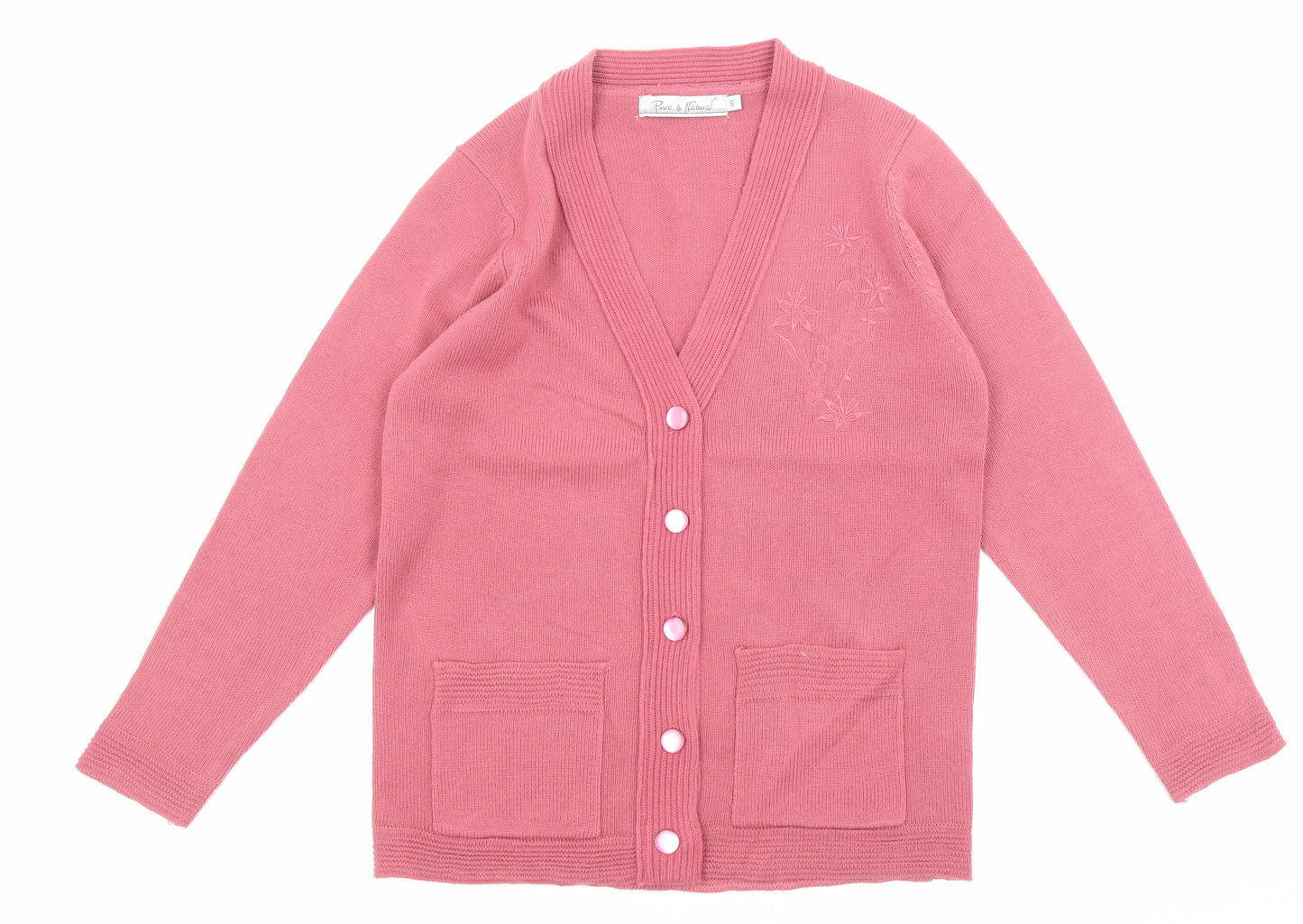 Pure & Natural Womens Pink V-Neck Acrylic Cardigan Jumper Size S - Floral