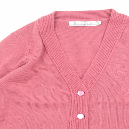 Pure & Natural Womens Pink V-Neck Acrylic Cardigan Jumper Size S - Floral