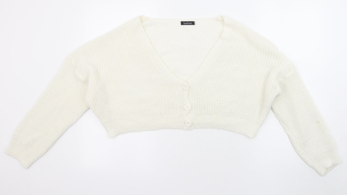 Boohoo Womens White V-Neck Acrylic Cardigan Jumper Size M - Cropped