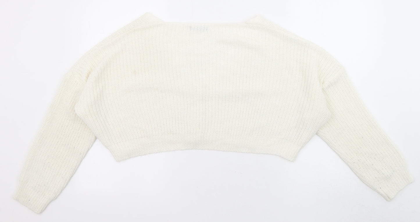 Boohoo Womens White V-Neck Acrylic Cardigan Jumper Size M - Cropped