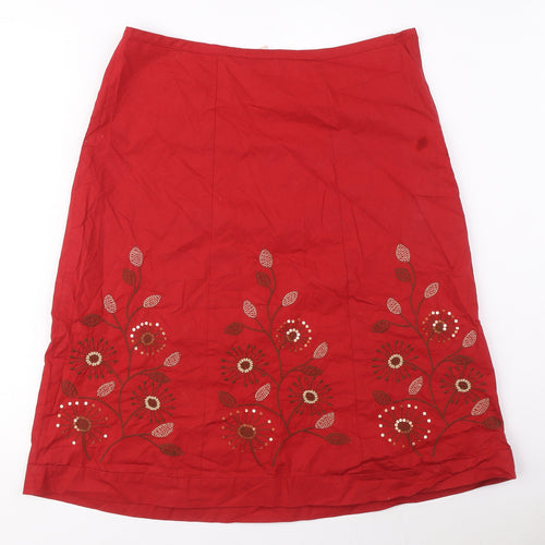 NEXT Womens Red Cotton A-Line Skirt Size 12 Zip - Embroidered Flowers, Sequin