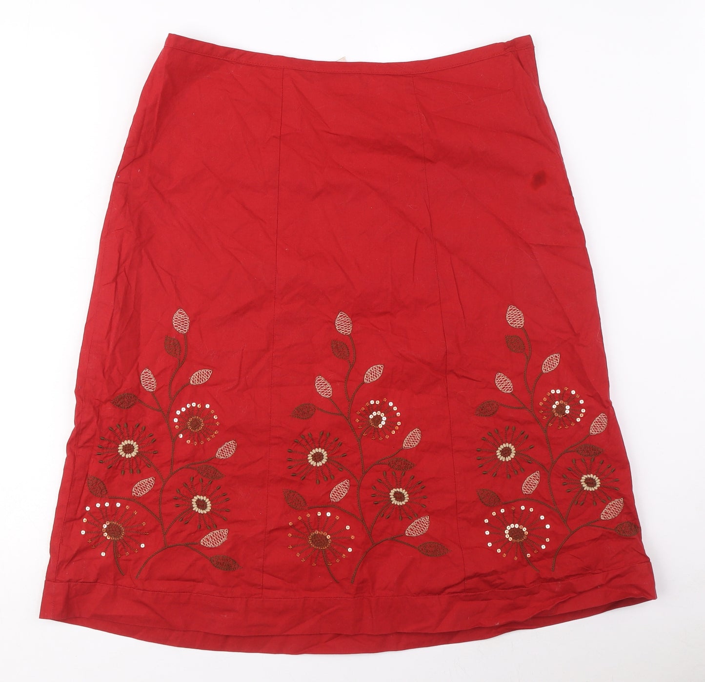 NEXT Womens Red Cotton A-Line Skirt Size 12 Zip - Embroidered Flowers, Sequin