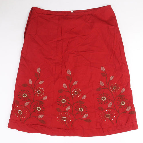 NEXT Womens Red Cotton A-Line Skirt Size 12 Zip - Embroidered Flowers, Sequin