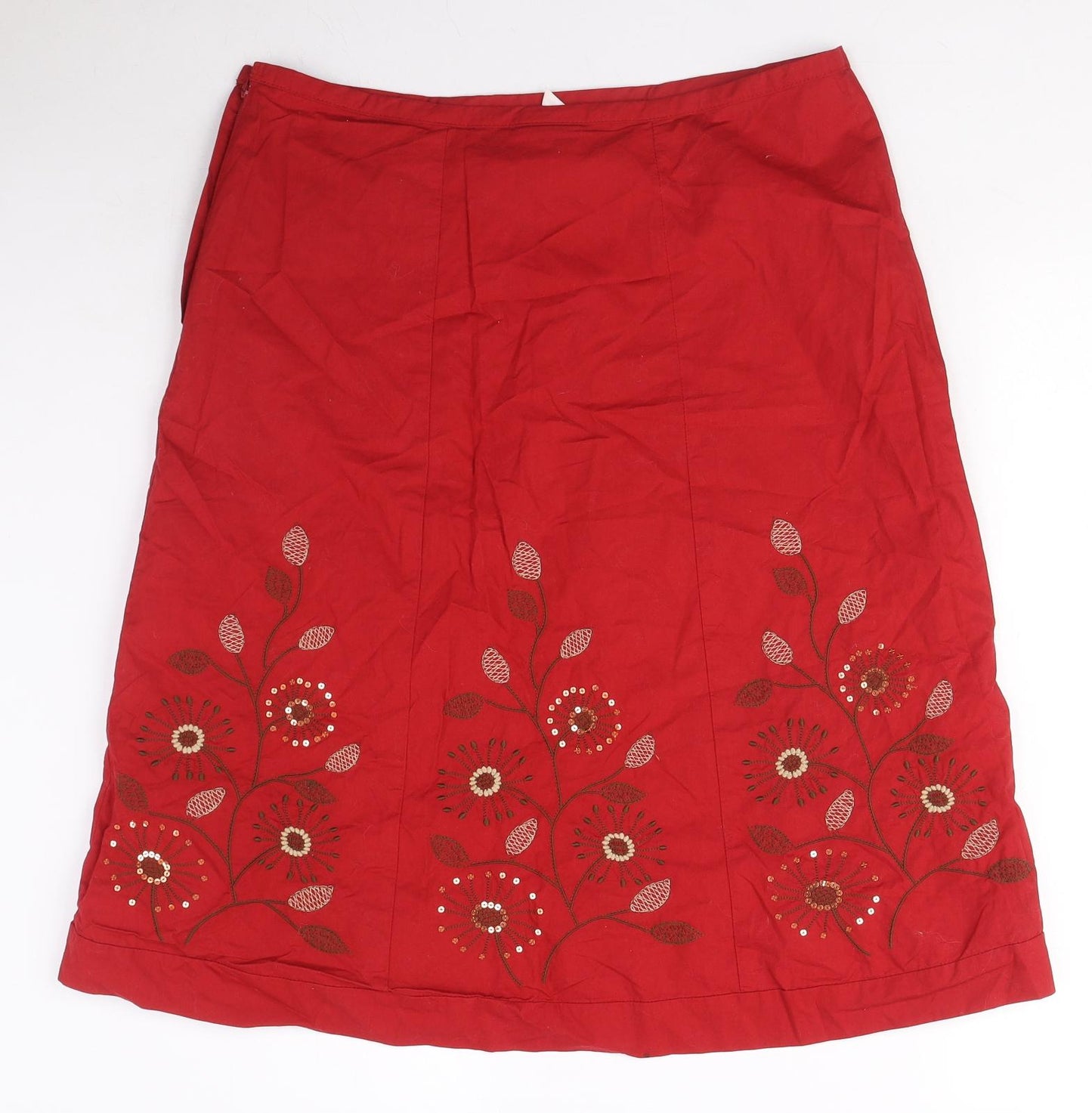 NEXT Womens Red Cotton A-Line Skirt Size 12 Zip - Embroidered Flowers, Sequin