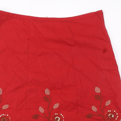 NEXT Womens Red Cotton A-Line Skirt Size 12 Zip - Embroidered Flowers, Sequin