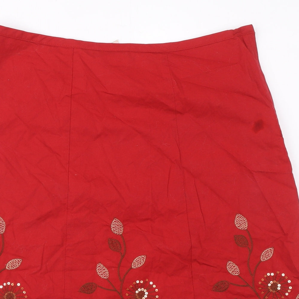 NEXT Womens Red Cotton A-Line Skirt Size 12 Zip - Embroidered Flowers, Sequin