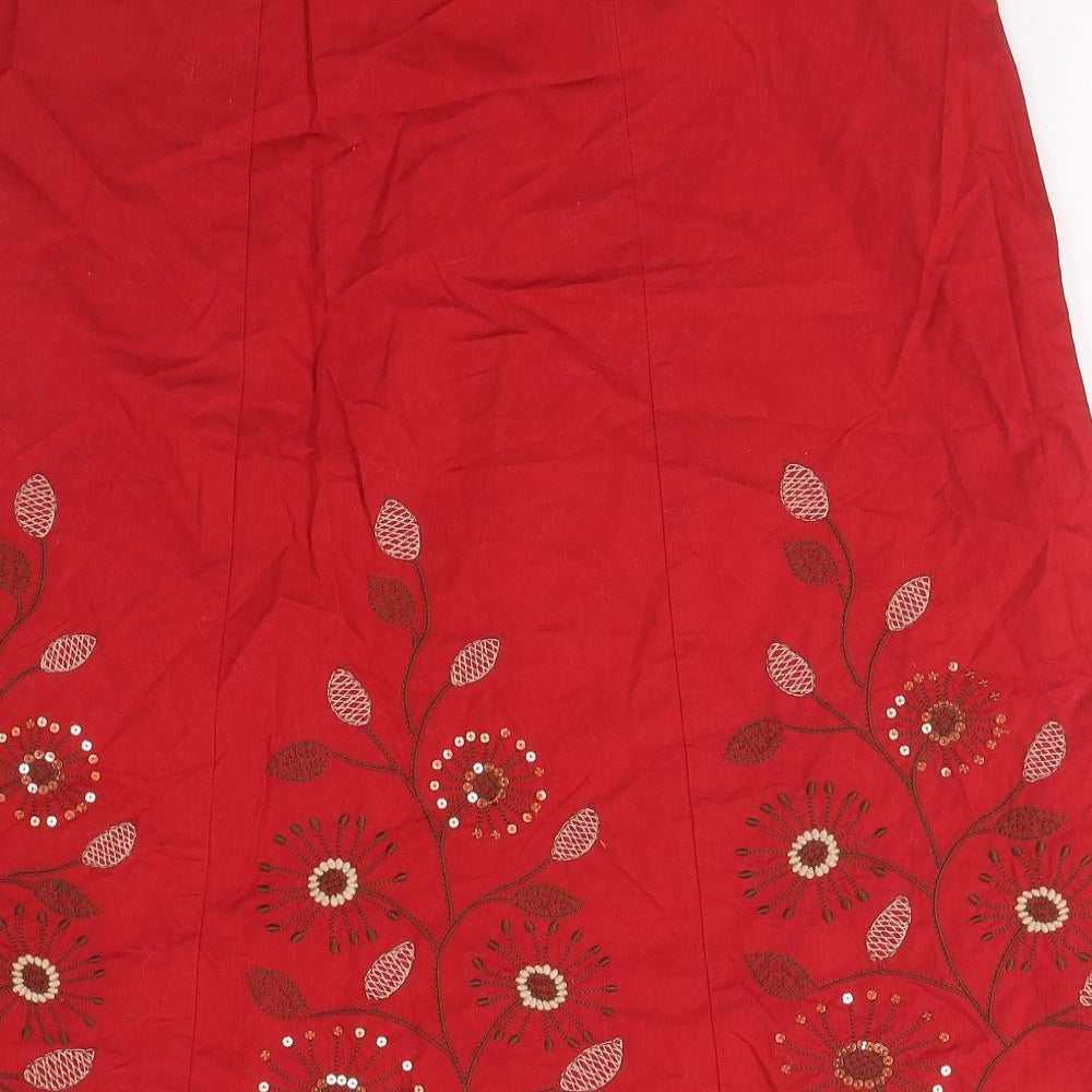 NEXT Womens Red Cotton A-Line Skirt Size 12 Zip - Embroidered Flowers, Sequin