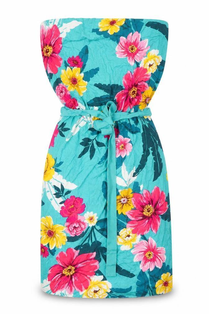 Front view of Very women’s blue floral viscose a-line, size UK 10, off the shoulder pullover - belted