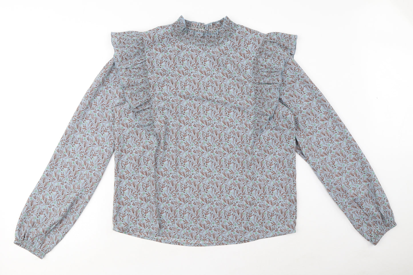 Jacqueline de Yong Womens Blue Floral Polyester Basic Blouse Size 8 Mock Neck - Ruffle Detail