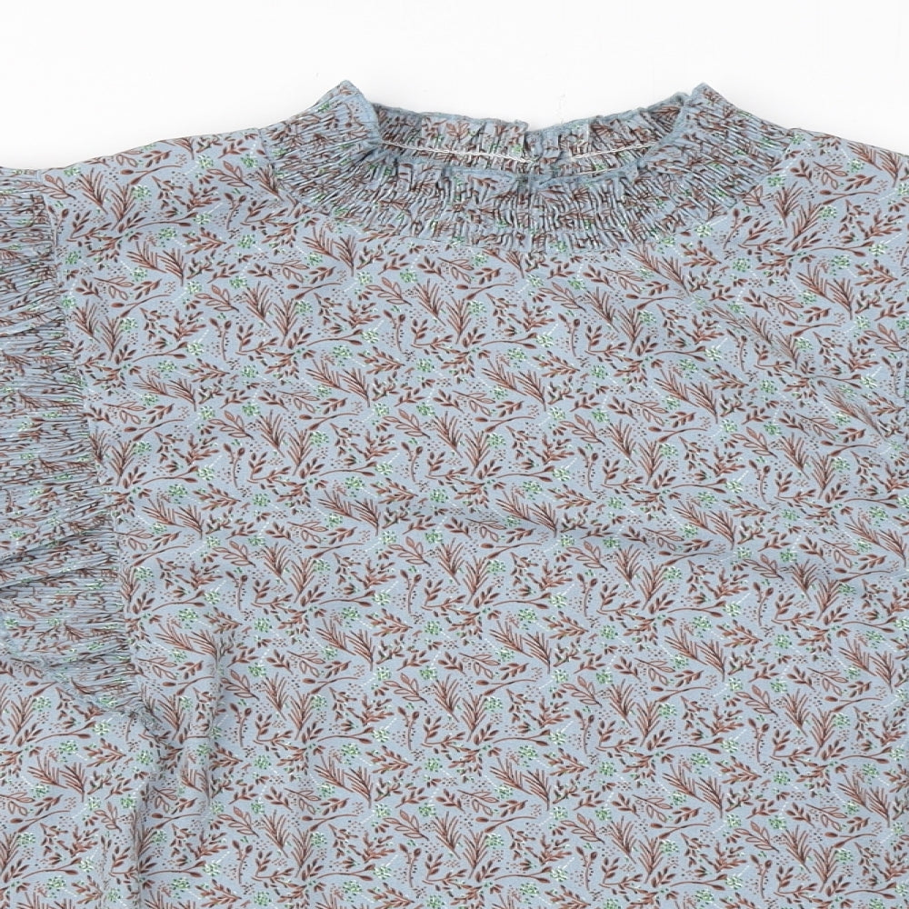 Jacqueline de Yong Womens Blue Floral Polyester Basic Blouse Size 8 Mock Neck - Ruffle Detail
