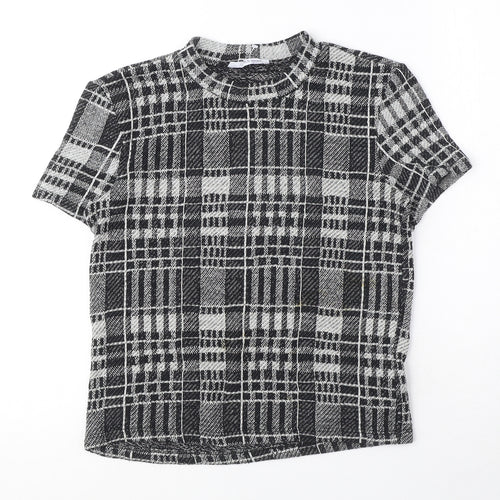 Zara Womens Black Plaid Polyester Basic T-Shirt Size S Round Neck
