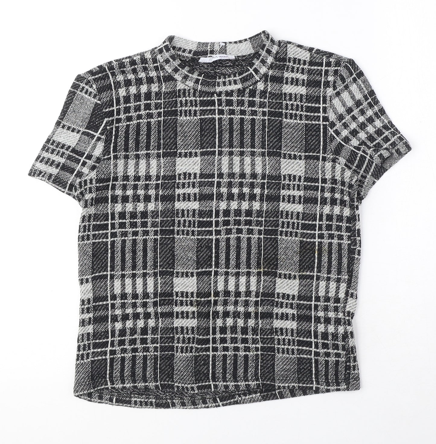 Zara Womens Black Plaid Polyester Basic T-Shirt Size S Round Neck