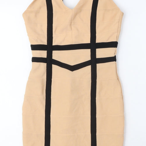 Missguided Womens Beige Polyester Pencil Dress Size 8 V-Neck Zip - Double Strap