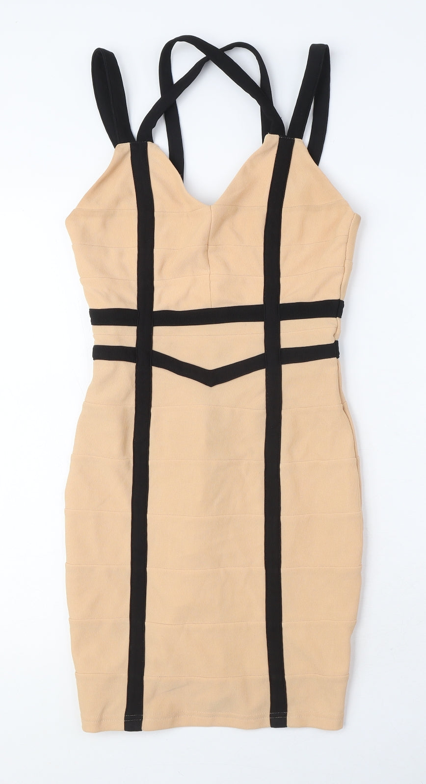 Missguided Womens Beige Polyester Pencil Dress Size 8 V-Neck Zip - Double Strap