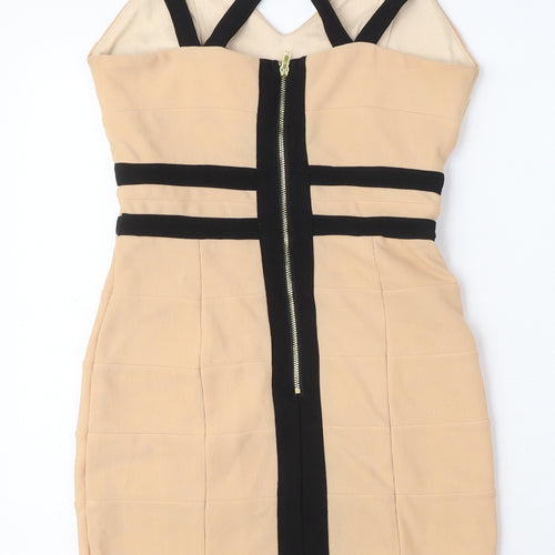 Missguided Womens Beige Polyester Pencil Dress Size 8 V-Neck Zip - Double Strap