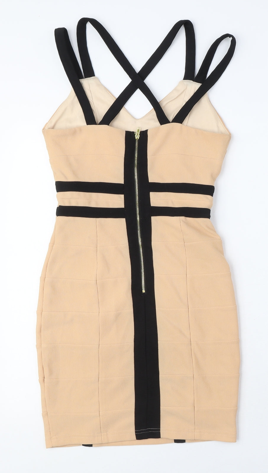 Missguided Womens Beige Polyester Pencil Dress Size 8 V-Neck Zip - Double Strap