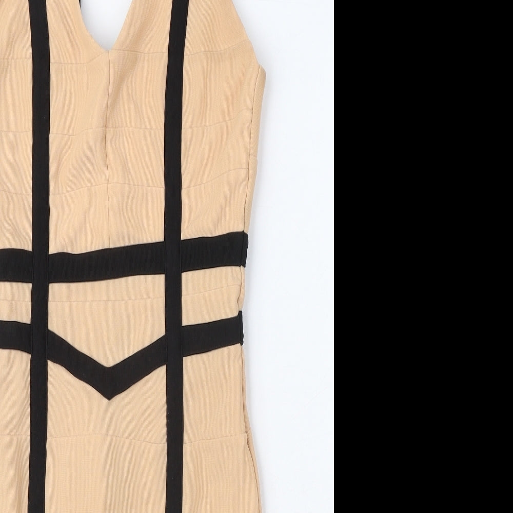 Missguided Womens Beige Polyester Pencil Dress Size 8 V-Neck Zip - Double Strap