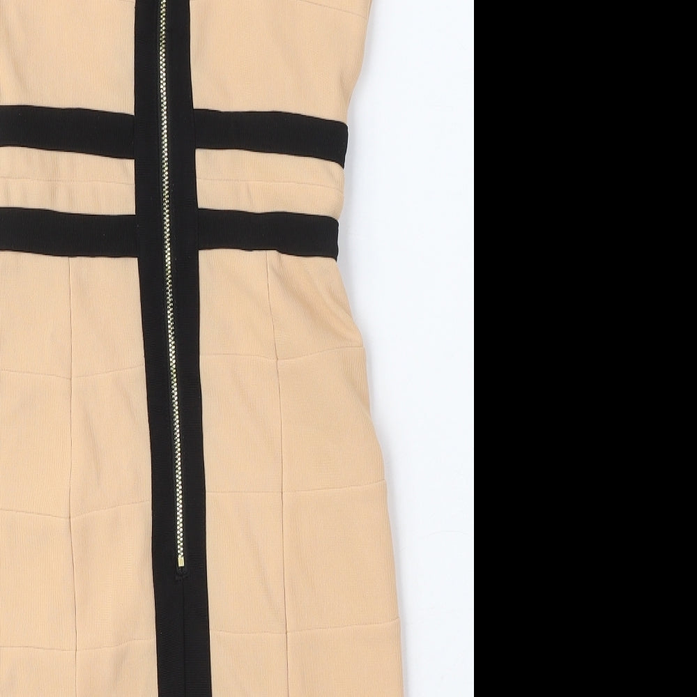 Missguided Womens Beige Polyester Pencil Dress Size 8 V-Neck Zip - Double Strap